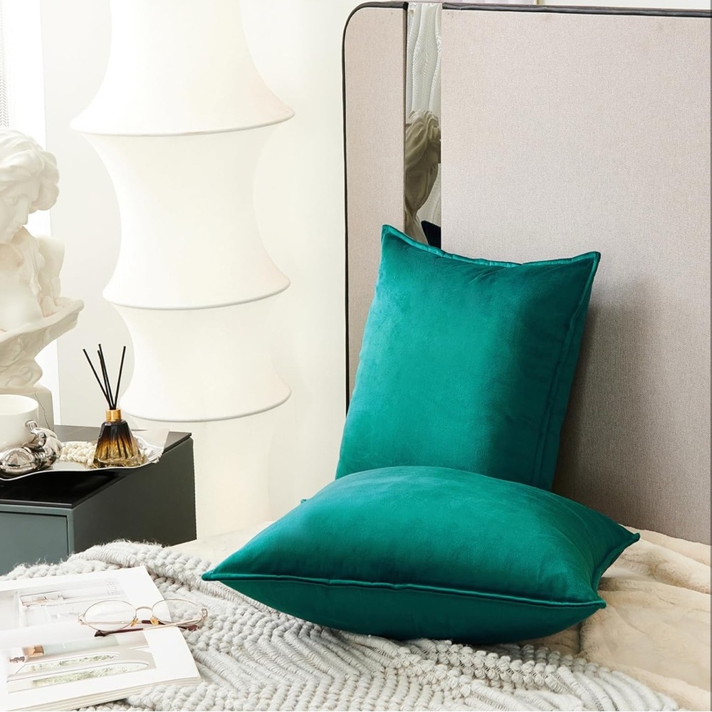 NIB Teal Velvet Set-2 Throw‎ Pillow Covers, 20”x20” - Picture 3 of 7
